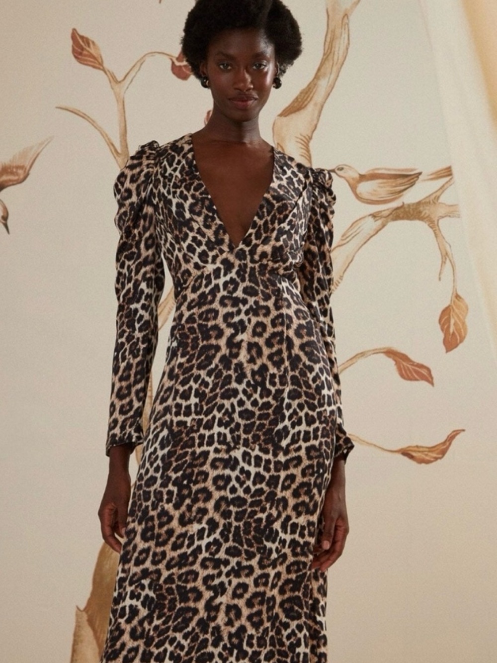 Leopard Print V-Neck Long Sleeve Midi Dress